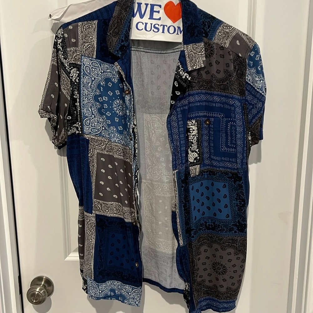 Men's Blue and Gray Patchwork Shirt